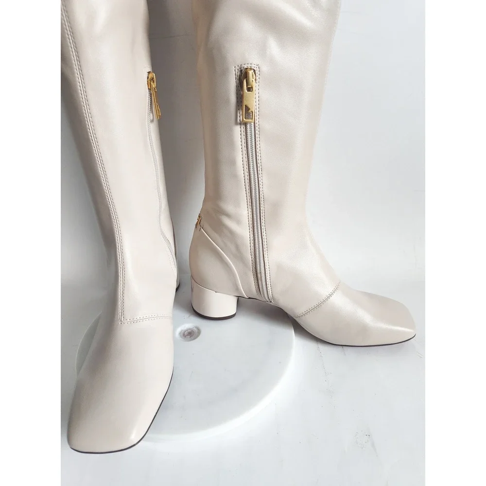 New Franco Sarto Over the Knee Boots 7 Square Toe Cream Block Heel Mod Go-Go